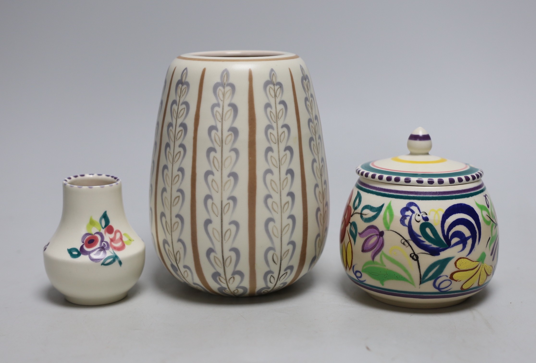 A Poole jam dish and cover, together with two Poole vases
